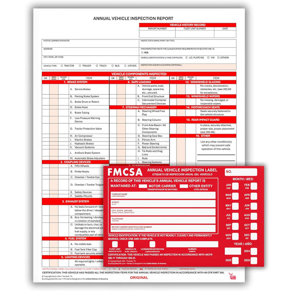 Annual Vehicle Inspection Report & FMCSA Annual Vehicle Inspection Label Set