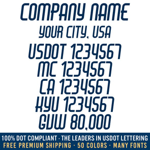 company name, location, usdot mc ca kyu gvw decal sticker