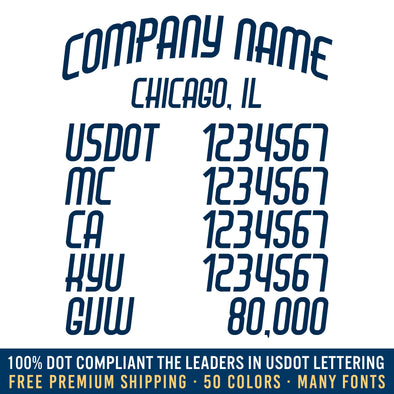 company name, location, usdot, mc, ca, kyu & gvw number decal sticker