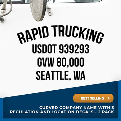 Arched company name decal with usdot, gvw, location