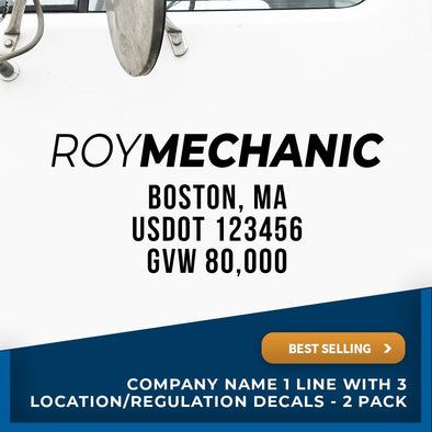 Company Name decal with location, usdot, gvw